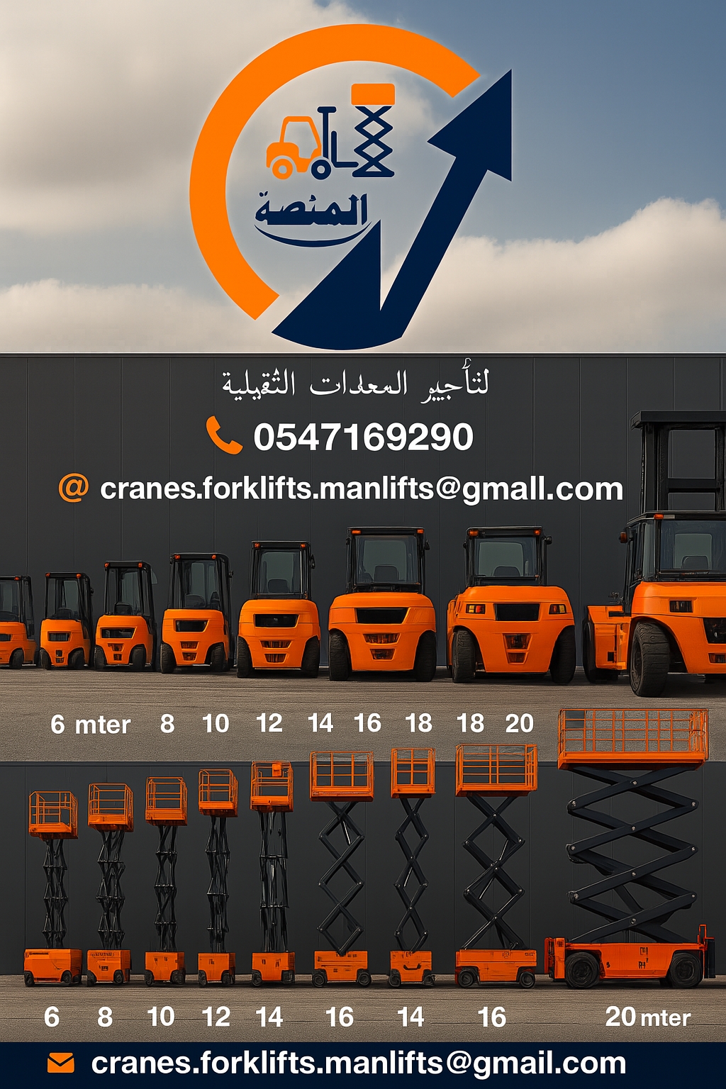 مؤسسة المنصة الذكية لتأجير المعدات – رافعات شوكية، سيزر لفت 6م–20م، مان لفت، كرينات،